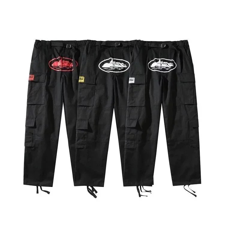 Black Cargo Pants with Military Ship Patch Design