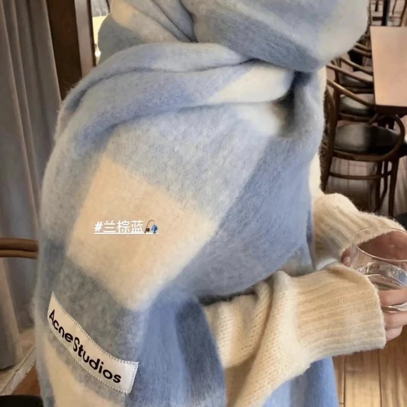 Acne Studios Blue Plaid Wool Scarf Women's Winter Fashion Accessory