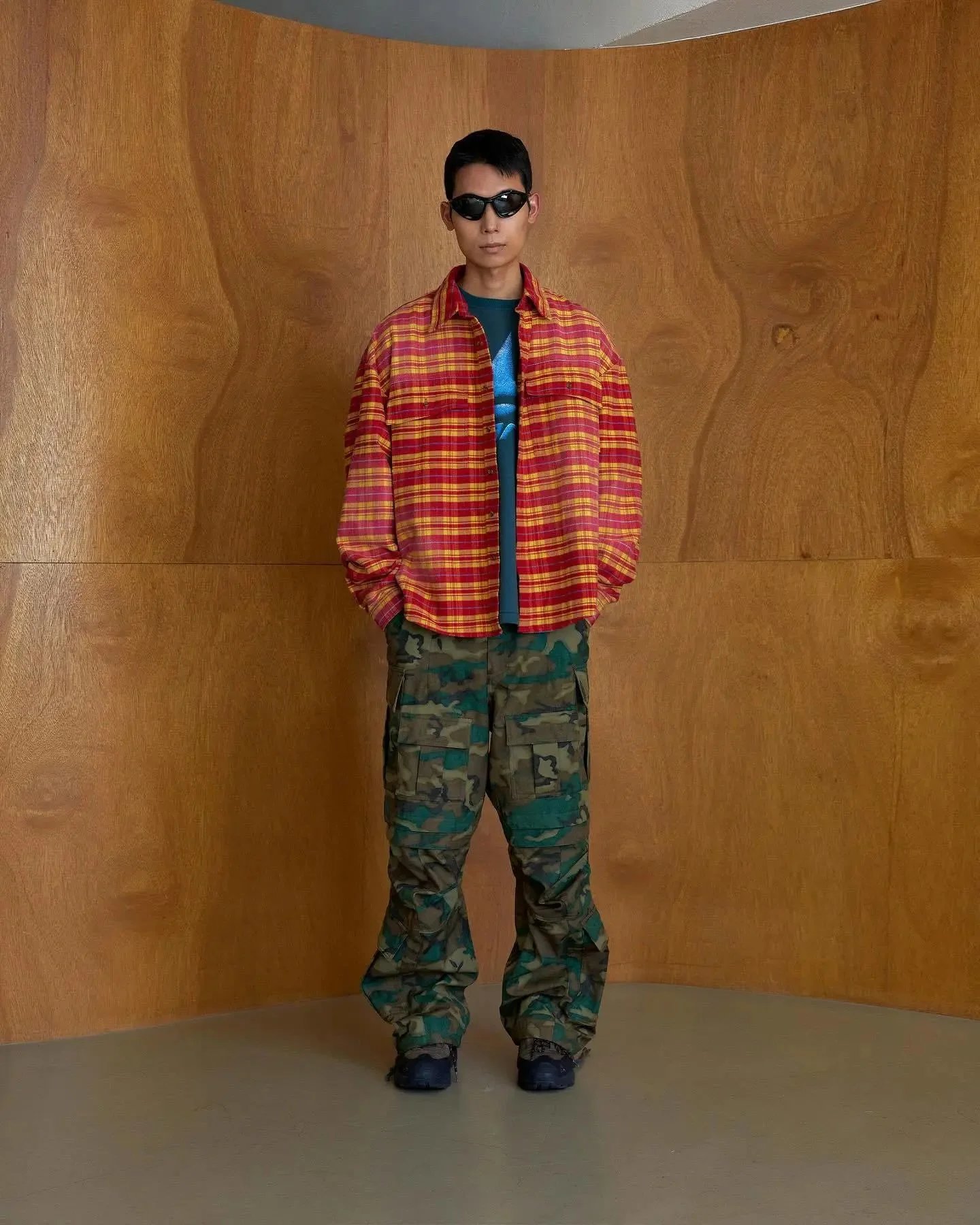 Red and Yellow Plaid Flannel Shirt with Camouflage Cargo Pants