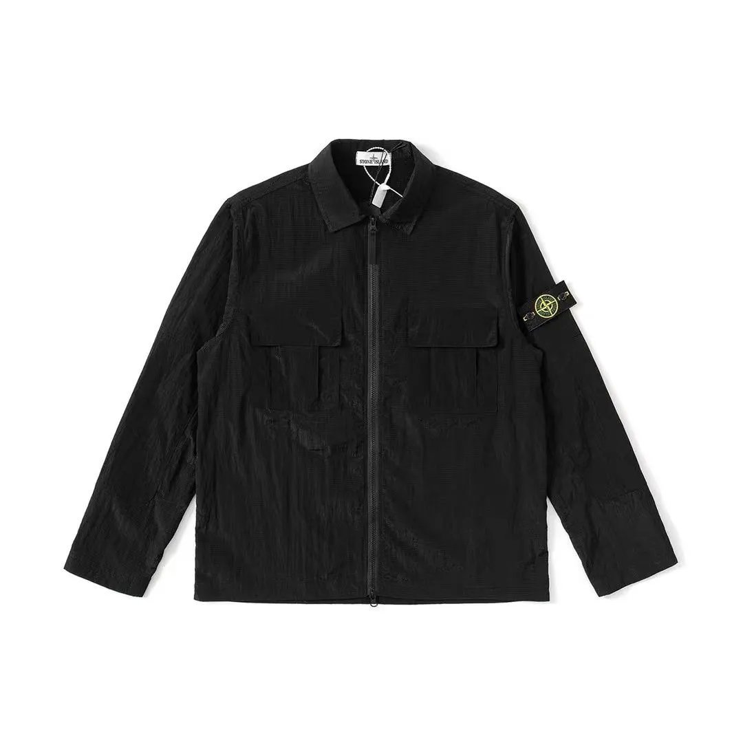 Stone Island Black Ripstop Jacket with Zip Closure and Patch Logo