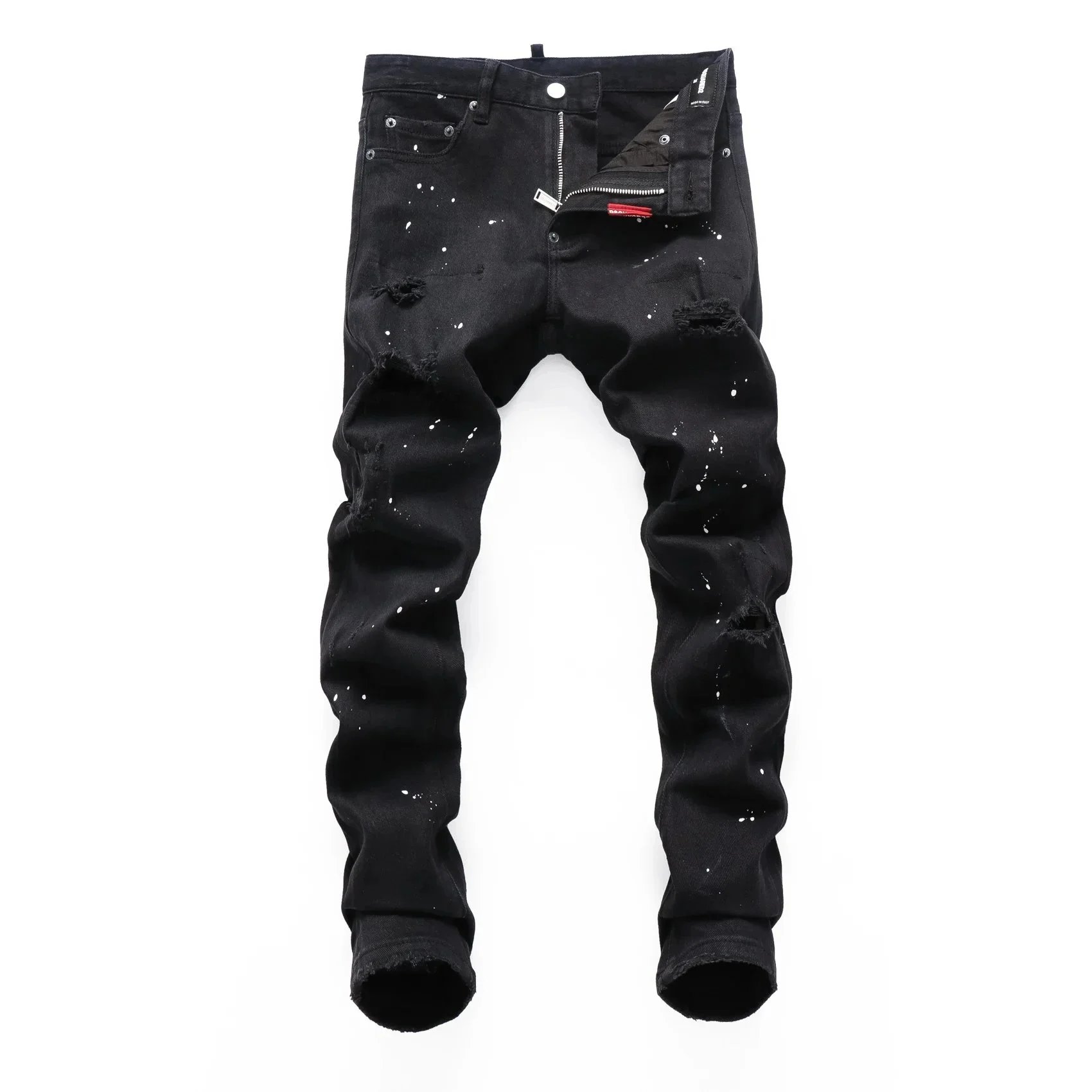 Men's Black Ripped Jeans with White Splatter Design