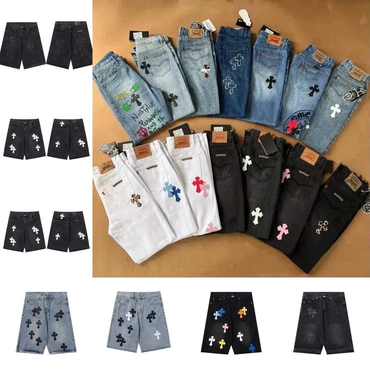 Stylish Cross Embroidered Denim Shorts for Men and Women