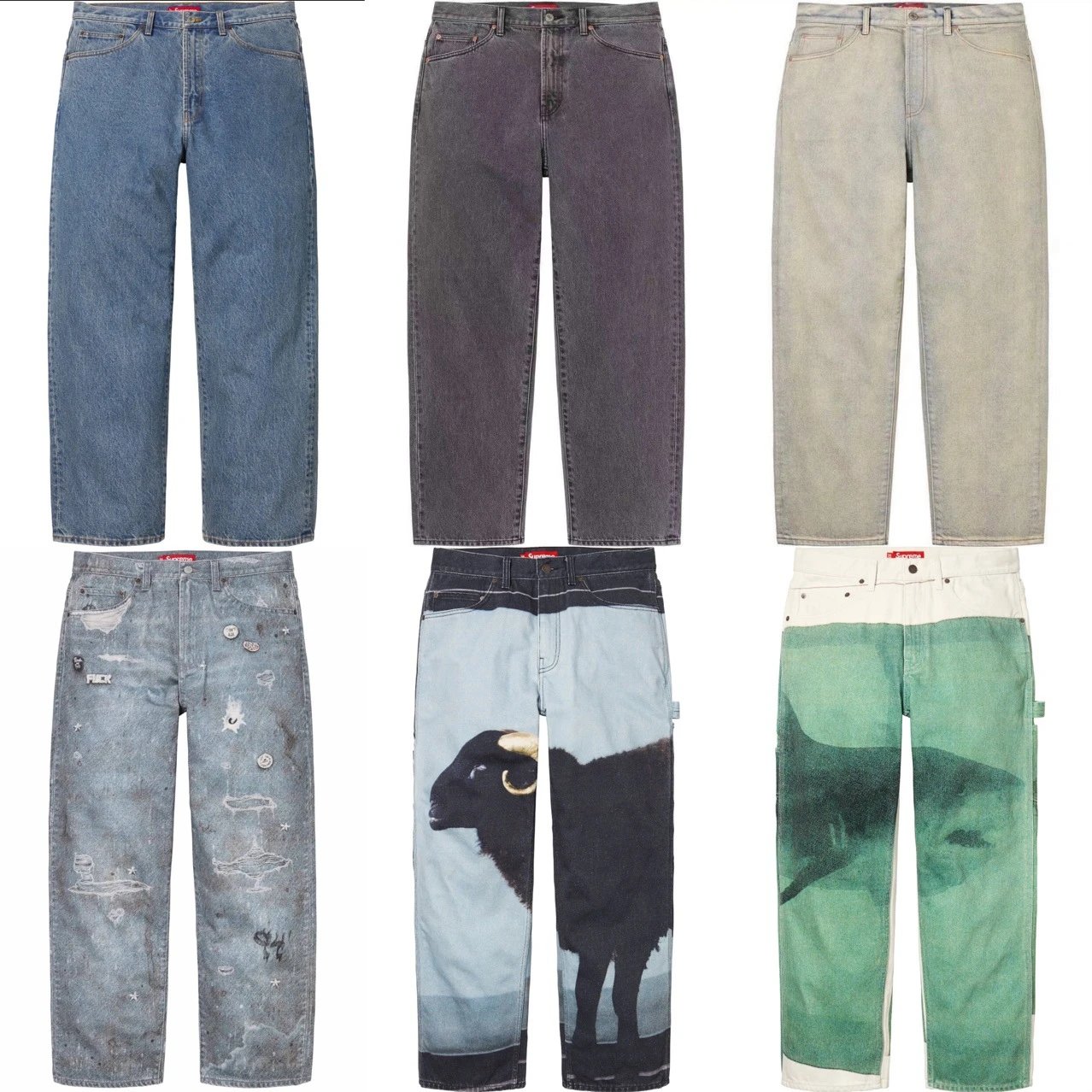 Supreme Denim Pants Collection with Unique Art Prints and Distressed Designs