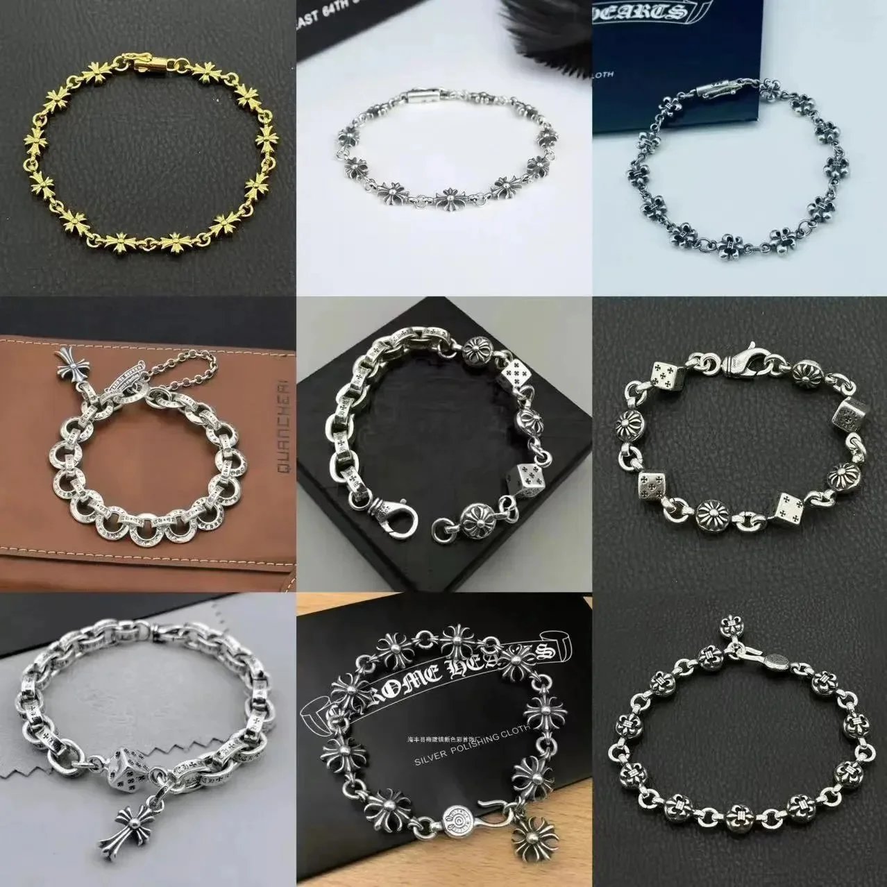 Stylish Silver Bracelets for Men and Women Fashion Jewelry with Flower and Dice Design