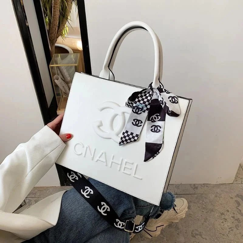 Chanel White Tote Bag with Logo and Scarf Design
