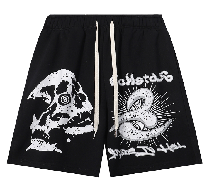 Hellstar Black Graphic Shorts with Skull and Snake Design