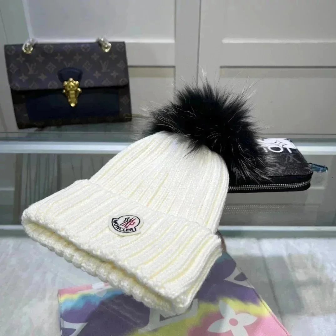 Moncler White Knit Beanie with Black Fur Pom-Pom