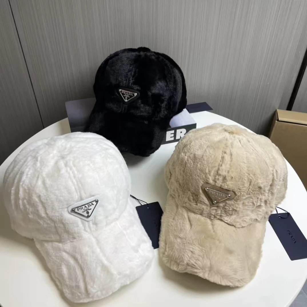 Prada Faux Fur Baseball Cap in White, Beige and Black