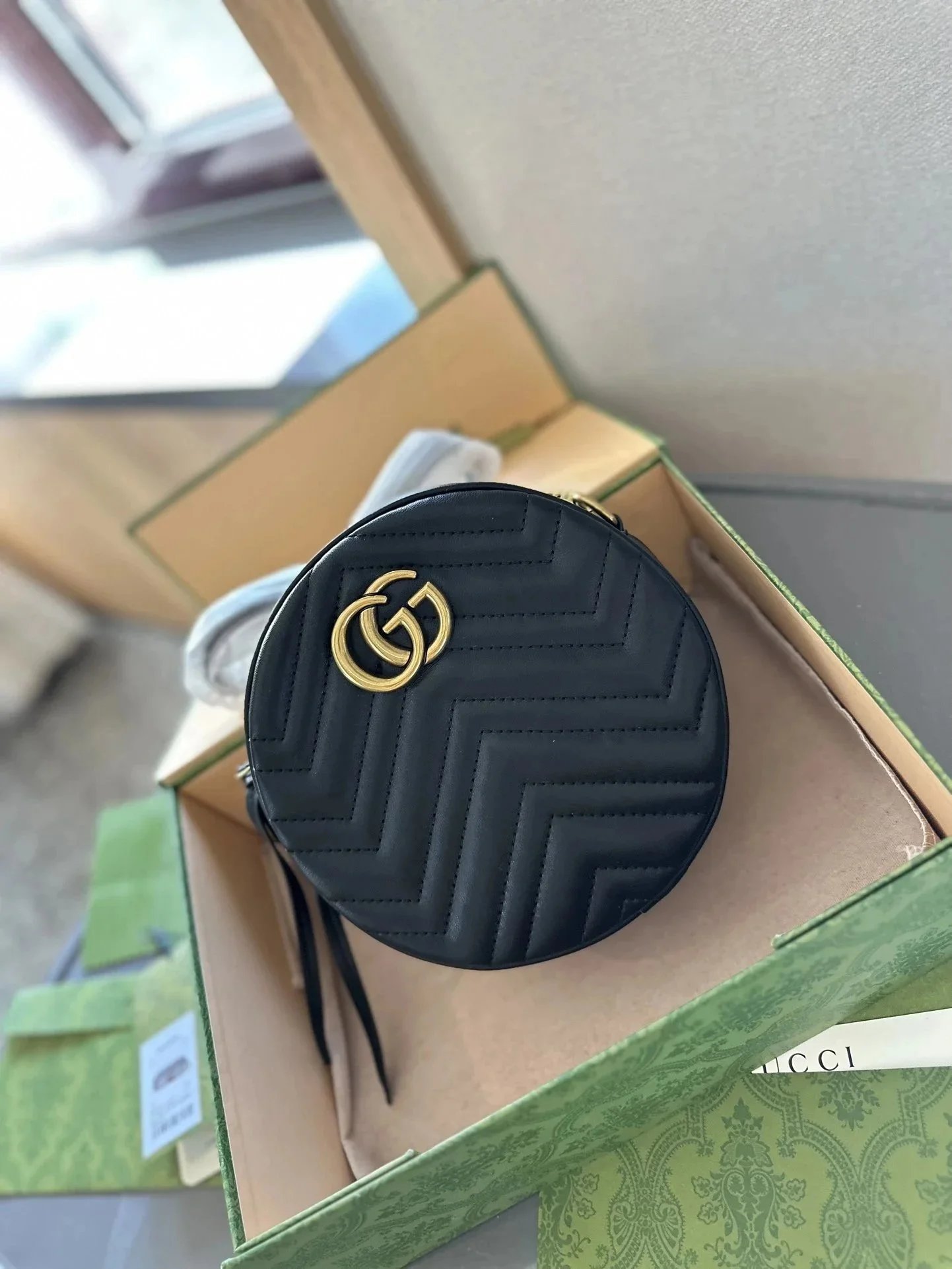 Gucci Black Round Marmont Bag with Gold GG Logo