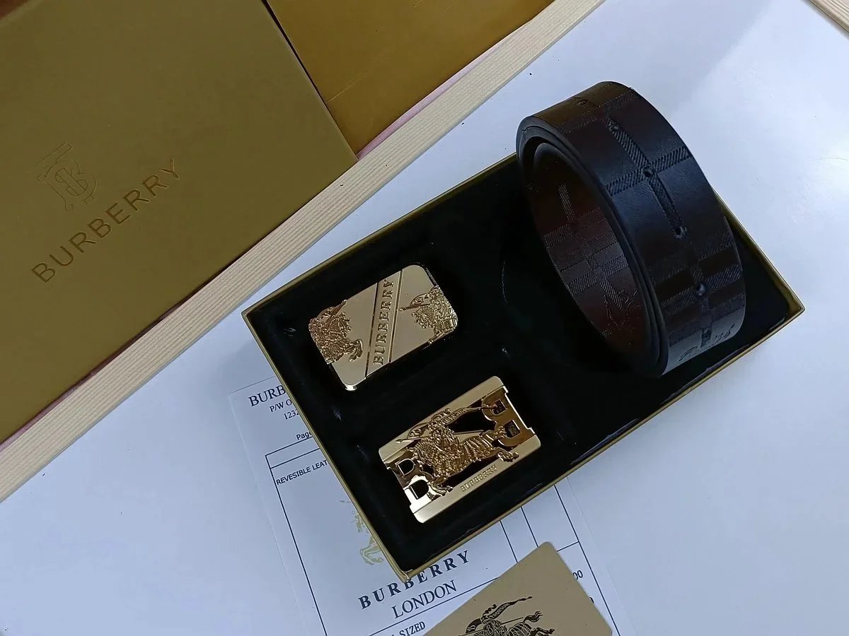 Burberry Reversible Leather Belt with Gold Tone Buckle
