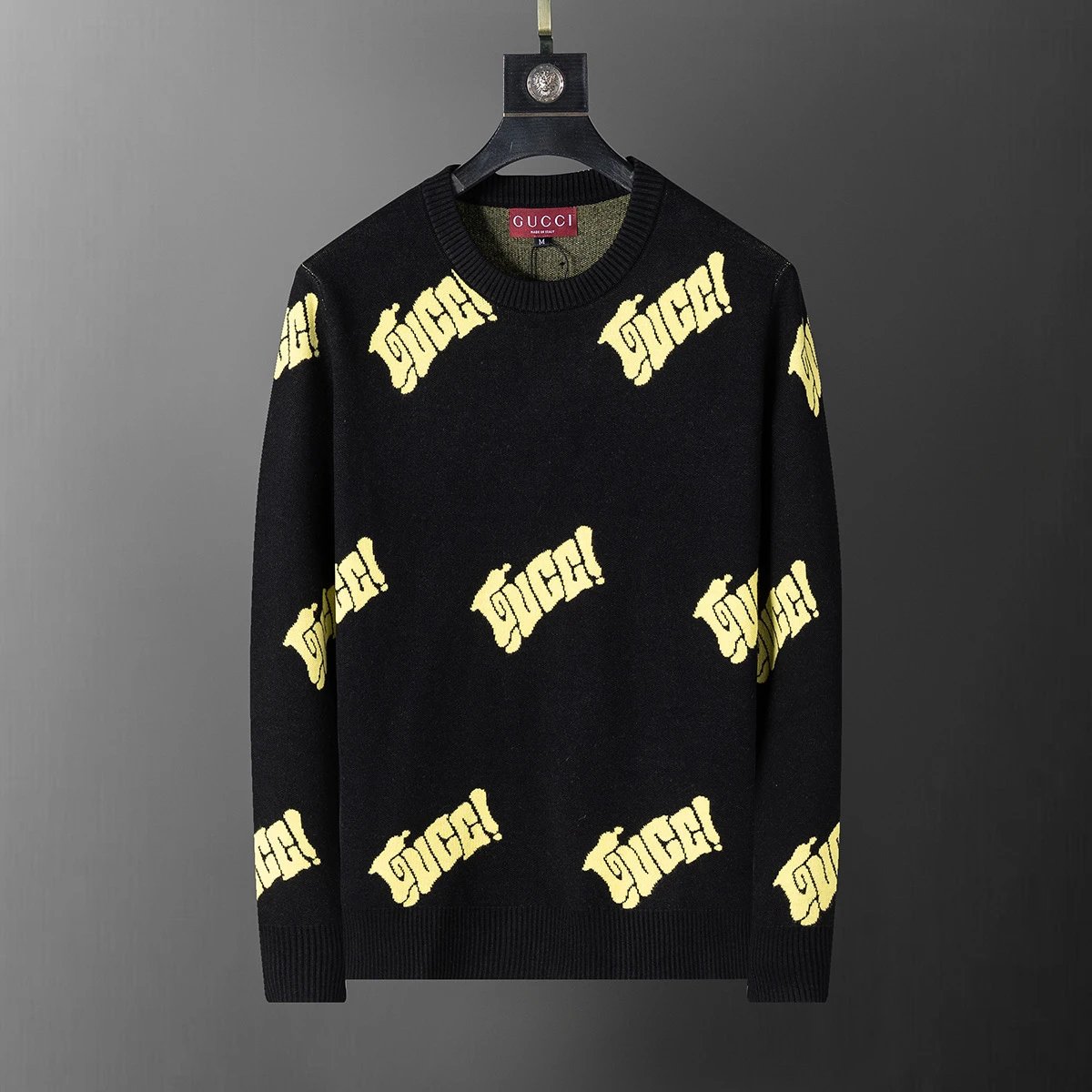 Gucci Black Knit Sweater with Yellow Logo Print