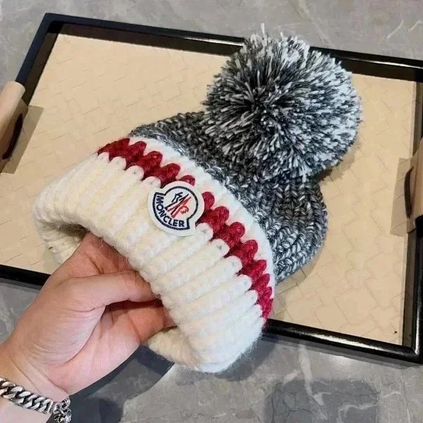 Moncler Knit Beanie with Pom Pom and Logo Patch