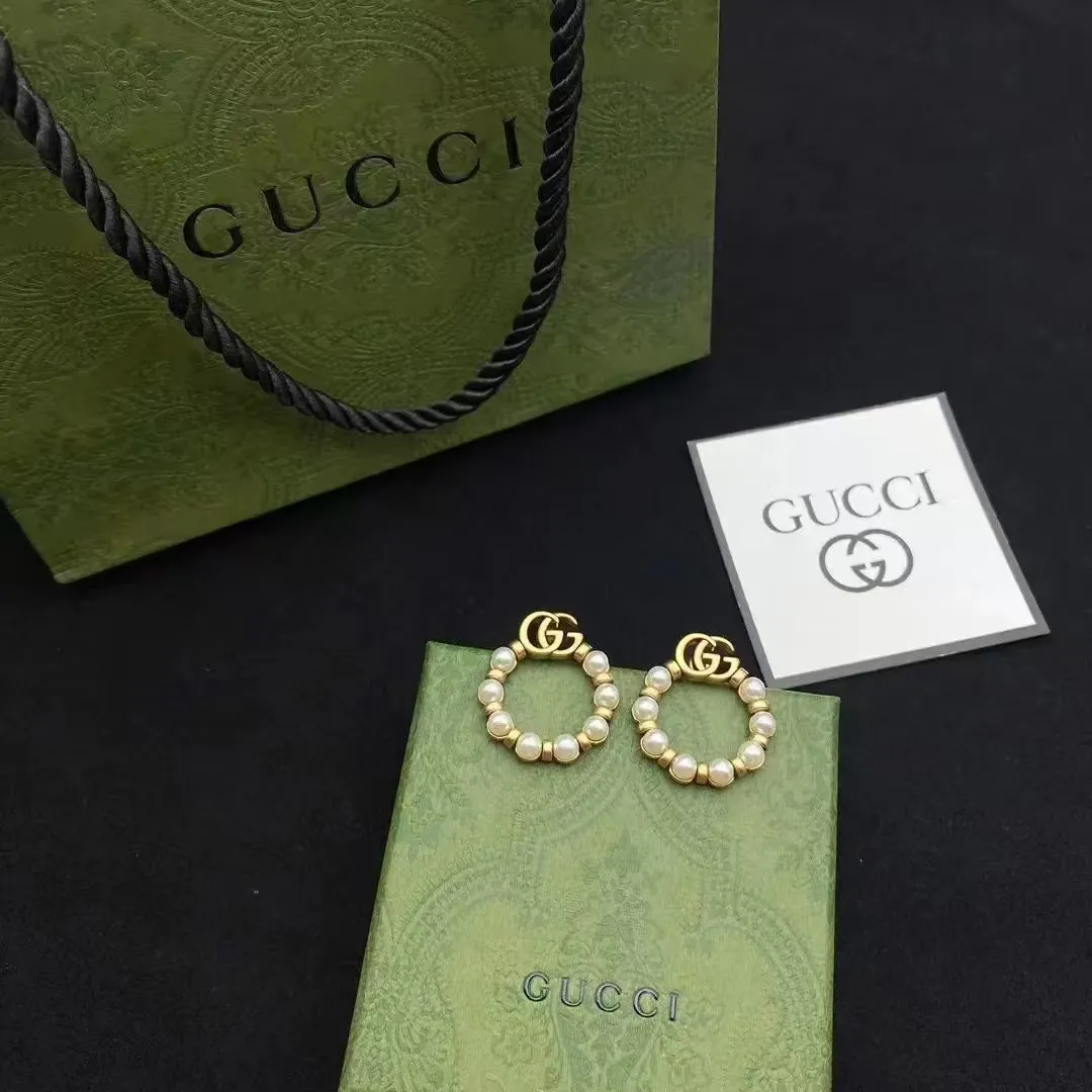 Gucci Gold Pearl Hoop Earrings with Double G Logo