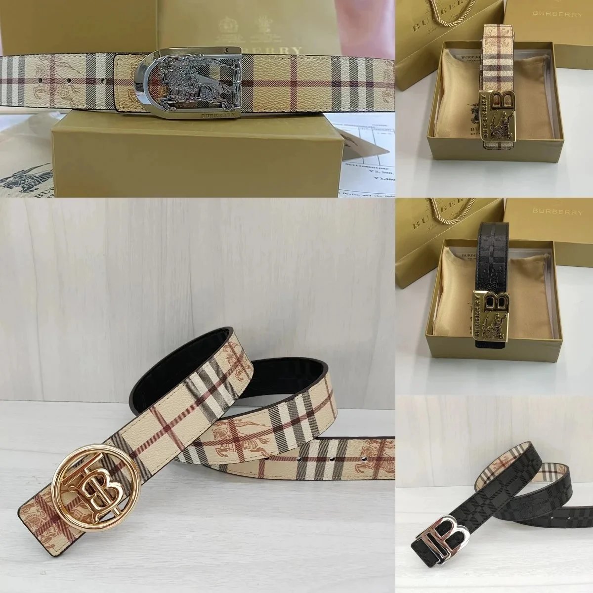 Burberry Check Pattern Leather Belt with Monogram Buckle