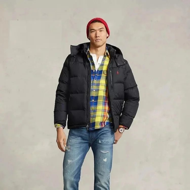 Men's Black Puffer Jacket with Hood and Logo