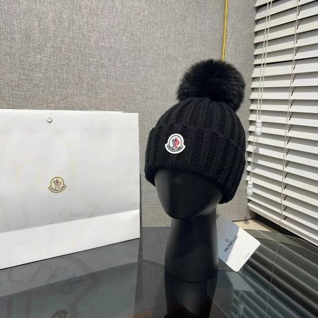 Moncler Black Knit Beanie with Pom-Pom