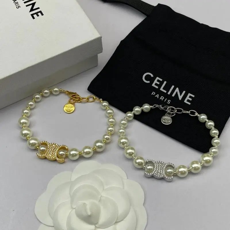 CELINE Pearl Bracelet with Gold and Silver C Logo Charm