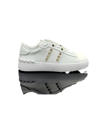 White Leather Sneakers with Gold Studs for Women