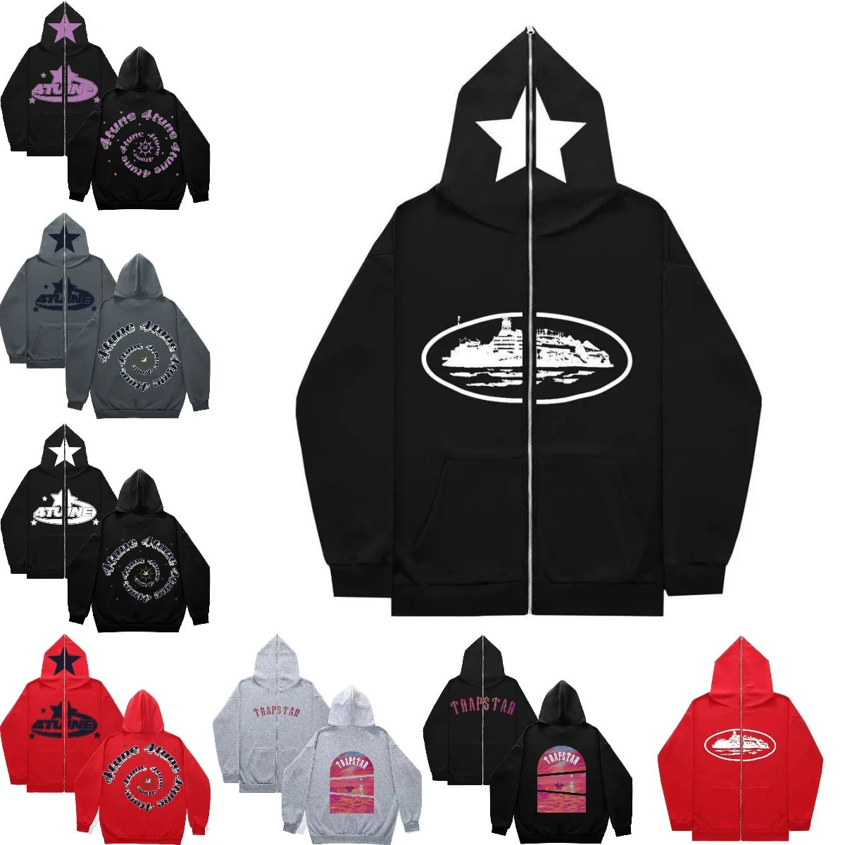 Trapstar Hoodie Zip-Up Sweatshirt with Star Logo and Ship Design