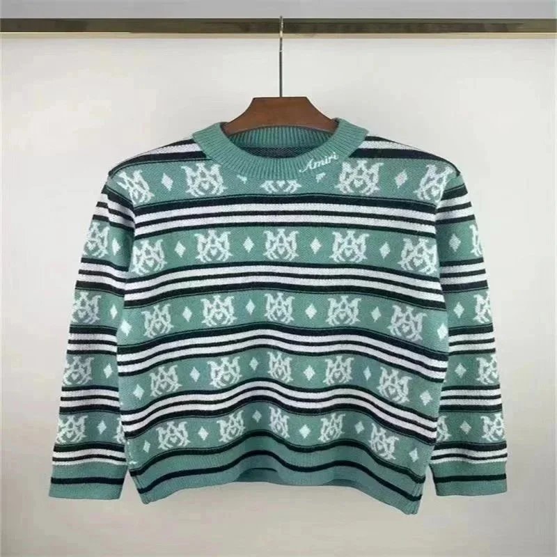 Green Striped Knit Sweater with Monogram Pattern