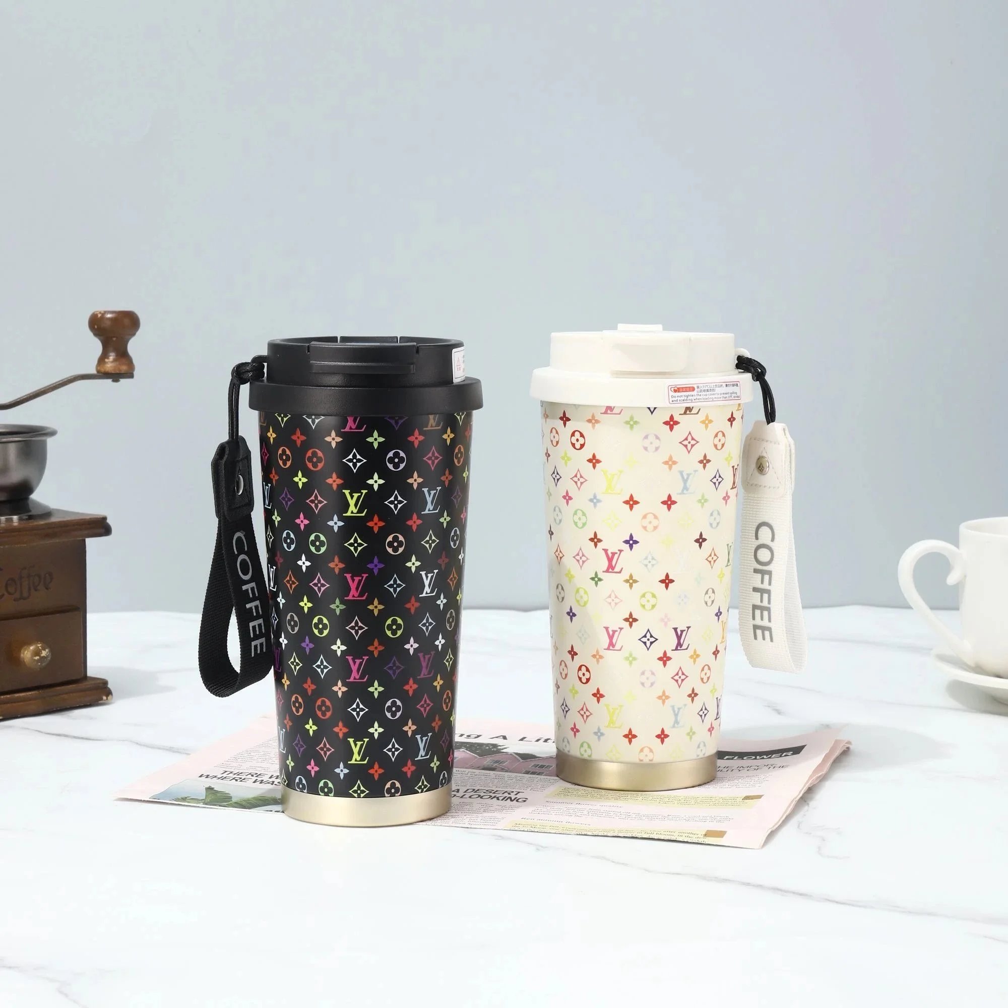 LV Style Stainless Steel Travel Coffee Mug with Colorful Monogram Pattern