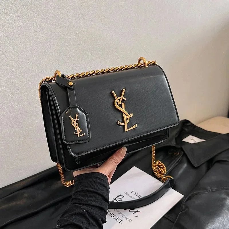 Saint Laurent Black Leather YSL Monogram Chain Shoulder Bag