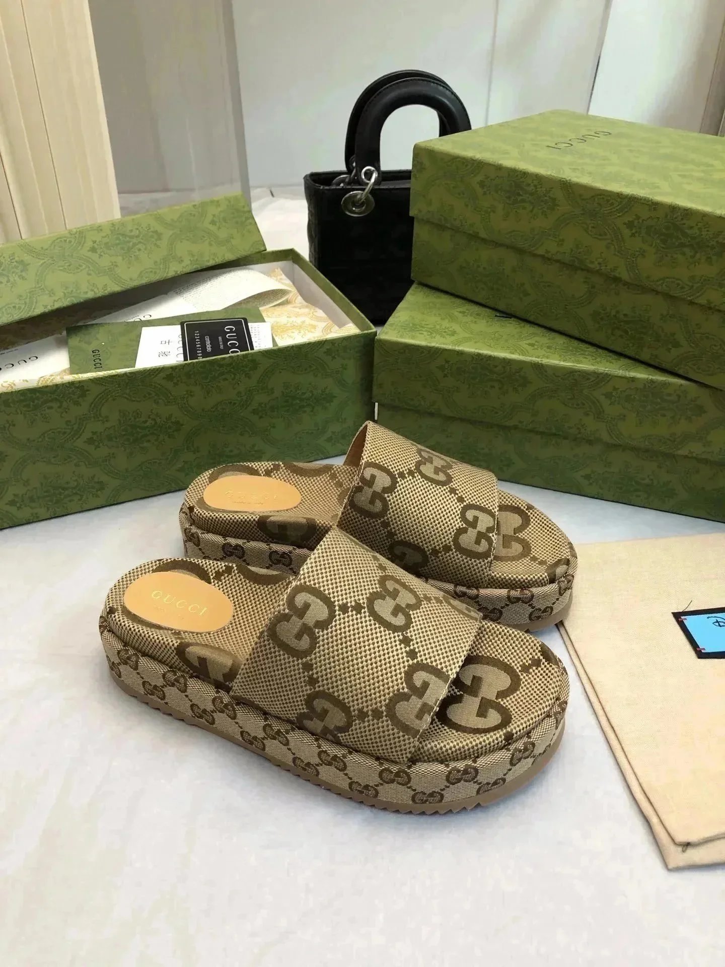 Gucci GG Supreme Logo Print Platform Slides for Women