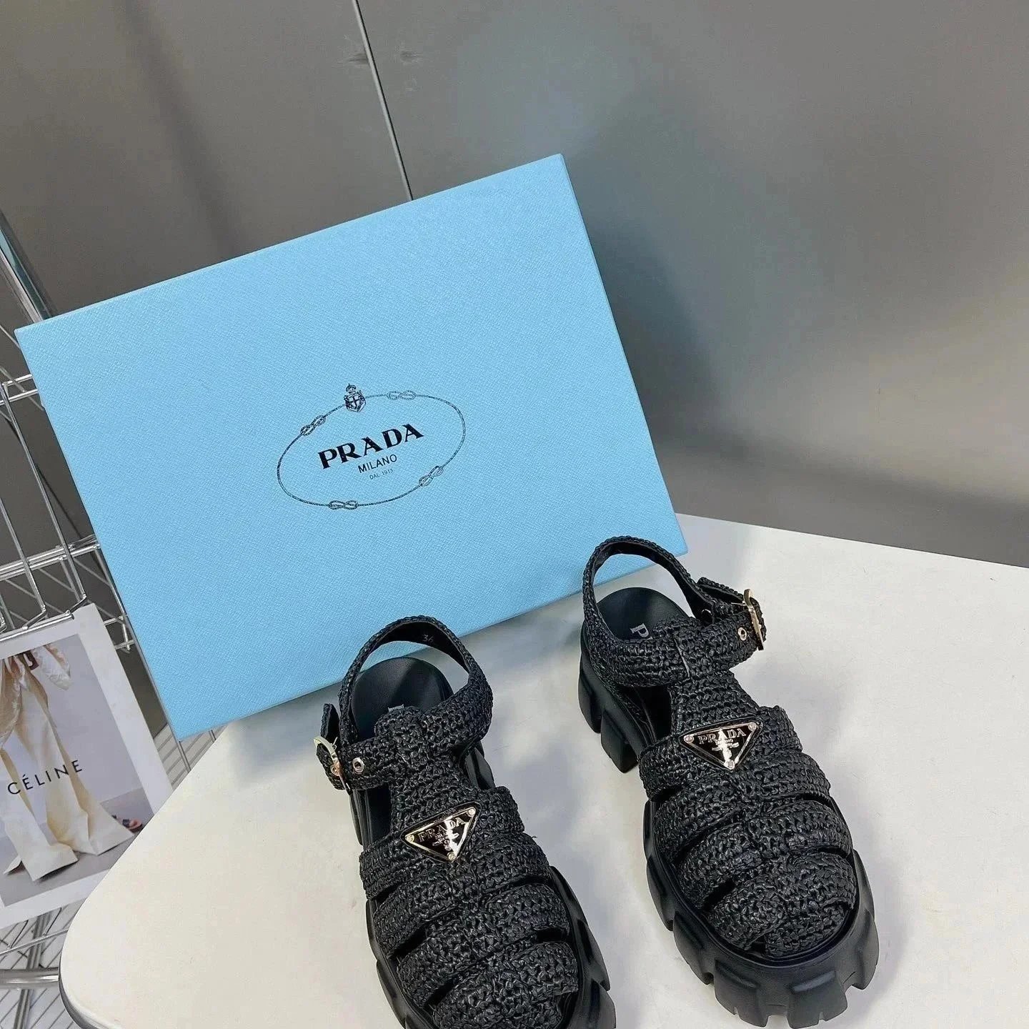 Prada Black Woven Strap Platform Sandals for Women