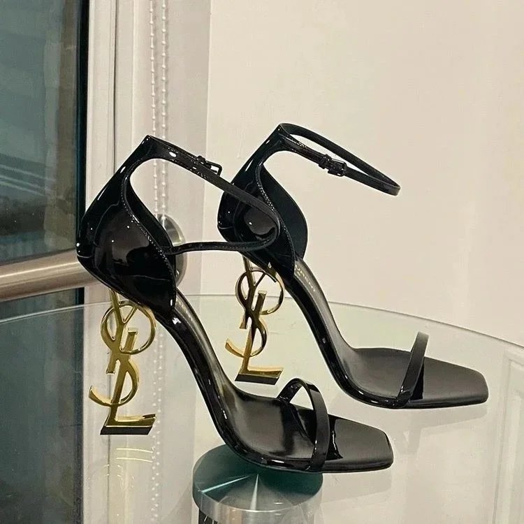 Saint Laurent Black Patent Leather Ankle Strap Heels