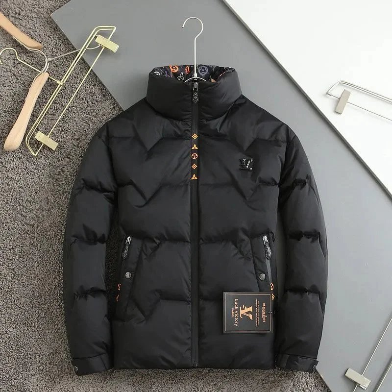 Men's Black Winter Puffer Jacket with High Collar and Zipper Closure