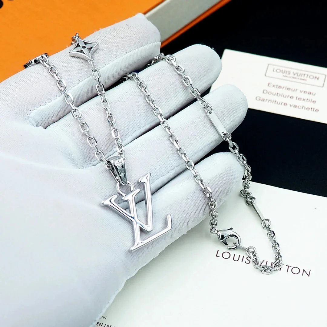 Louis Vuitton LV Logo Silver Necklace for Women and Men