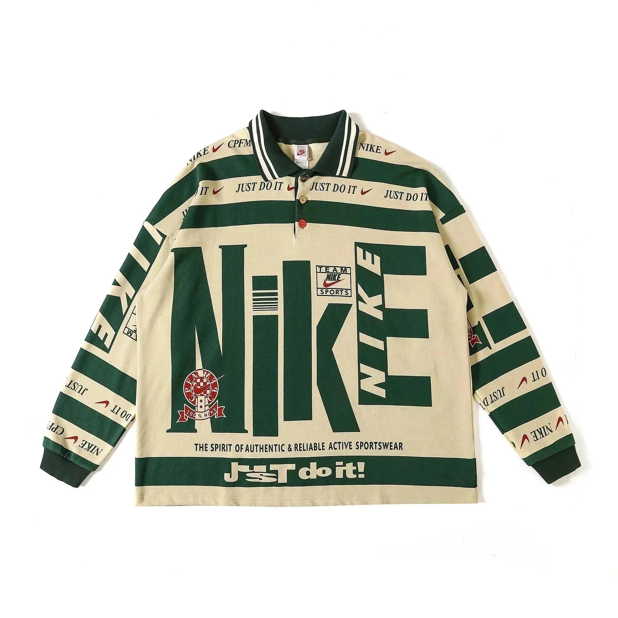 Nike Vintage Long Sleeve Polo Shirt Just Do It Green Beige