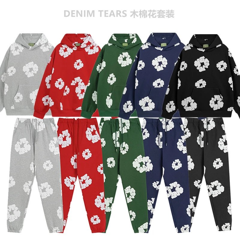 DENIM TEARS Floral Print Hoodie and Pants Set for Men and Women