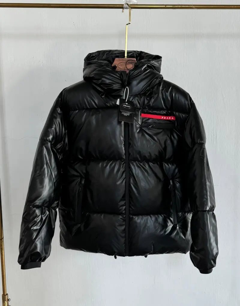 Prada Black Puffer Jacket with Hood and Logo Patch