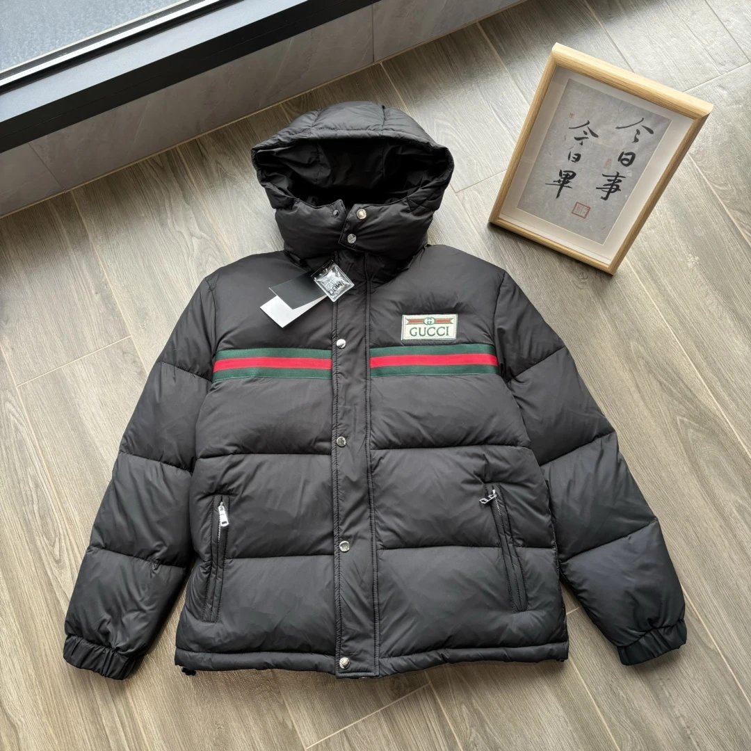 Gucci Black Down Jacket with Web Stripe and Logo Patch