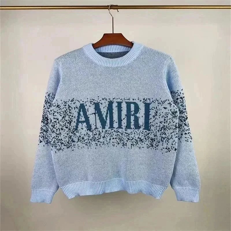 AMIRI Light Blue Knit Sweater with Logo Print