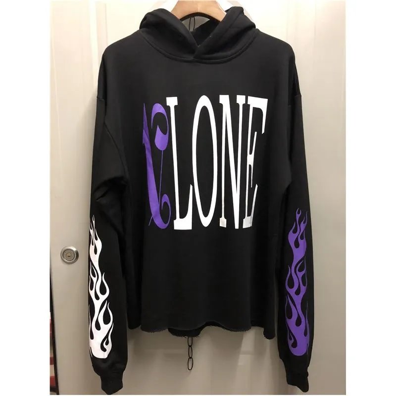 CLONE Black Hoodie with Purple and White Flame Design