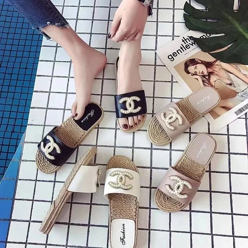 Chanel Style Pearl Logo Slides Women Summer Flat Sandals