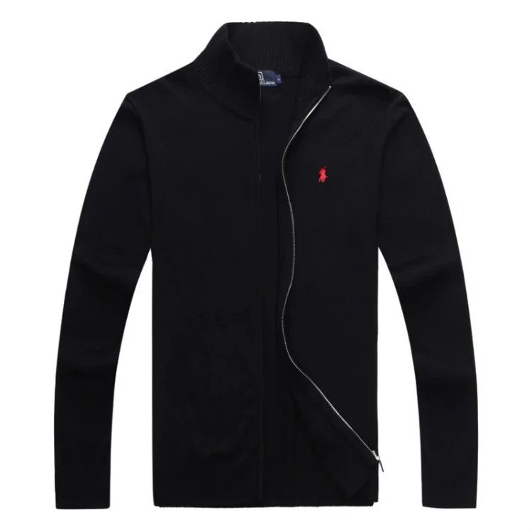 Men's Black Zip-Up Knit Sweater with Red Pony Logo