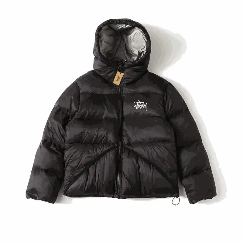 Stussy Black Puffer Jacket with Hood and Logo