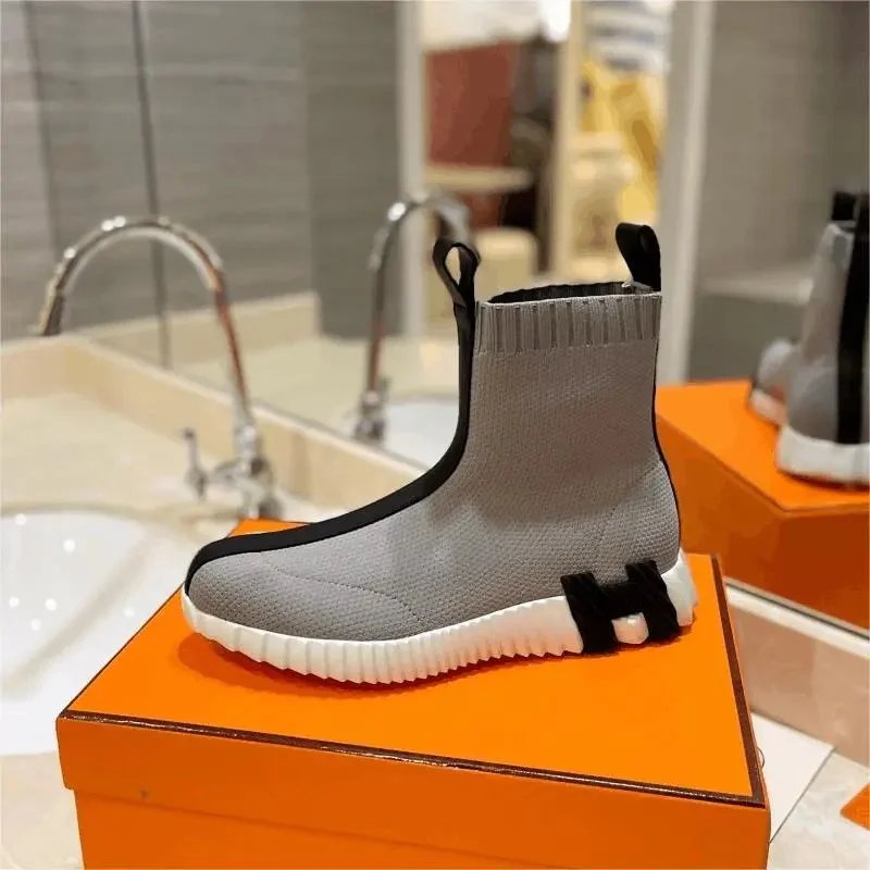 Hermès Grey Knit Ankle Boots with White Sole