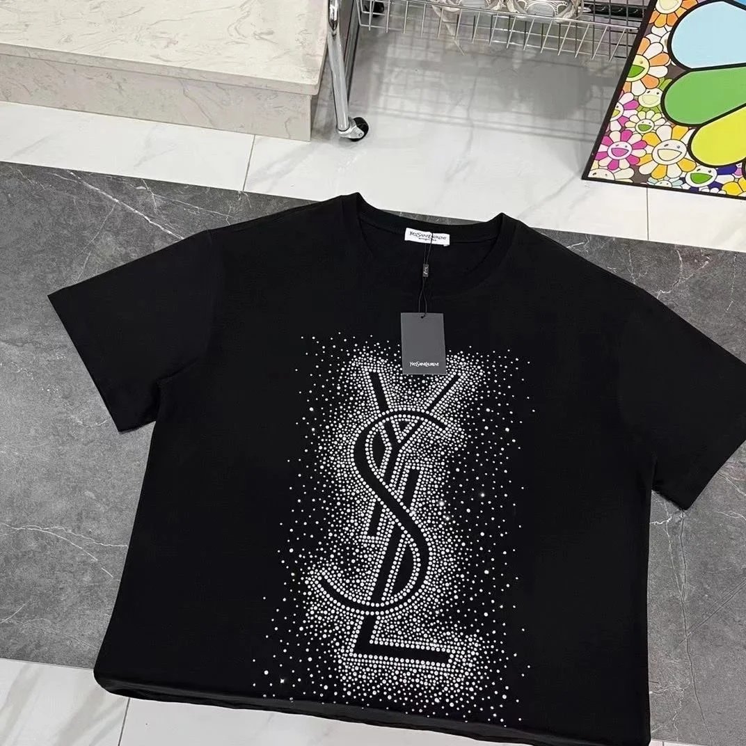 YSL Logo Rhinestone Embellished Black T-Shirt