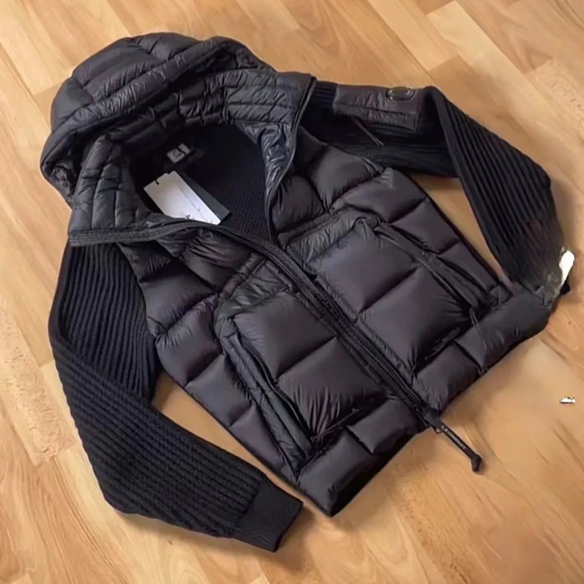 Moncler Black Quilted Down Jacket with Knit Sleeves