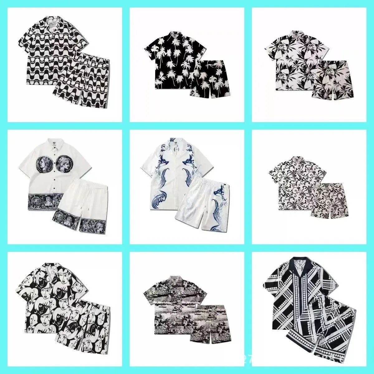 Men's Black and White Hawaiian Shirt and Shorts Sets