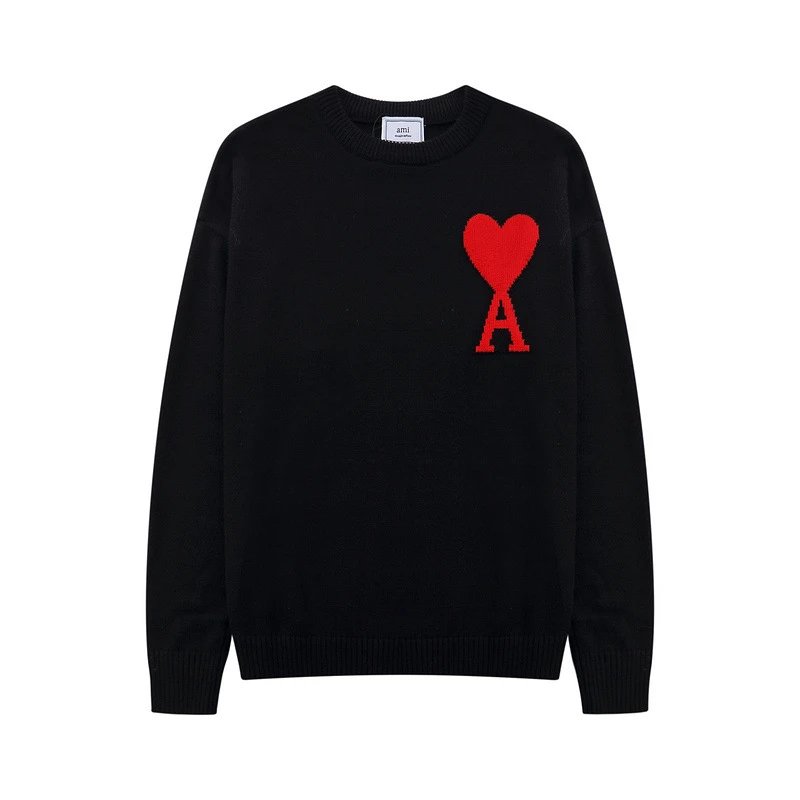 AMI Black Knit Sweater with Red Heart and A Logo