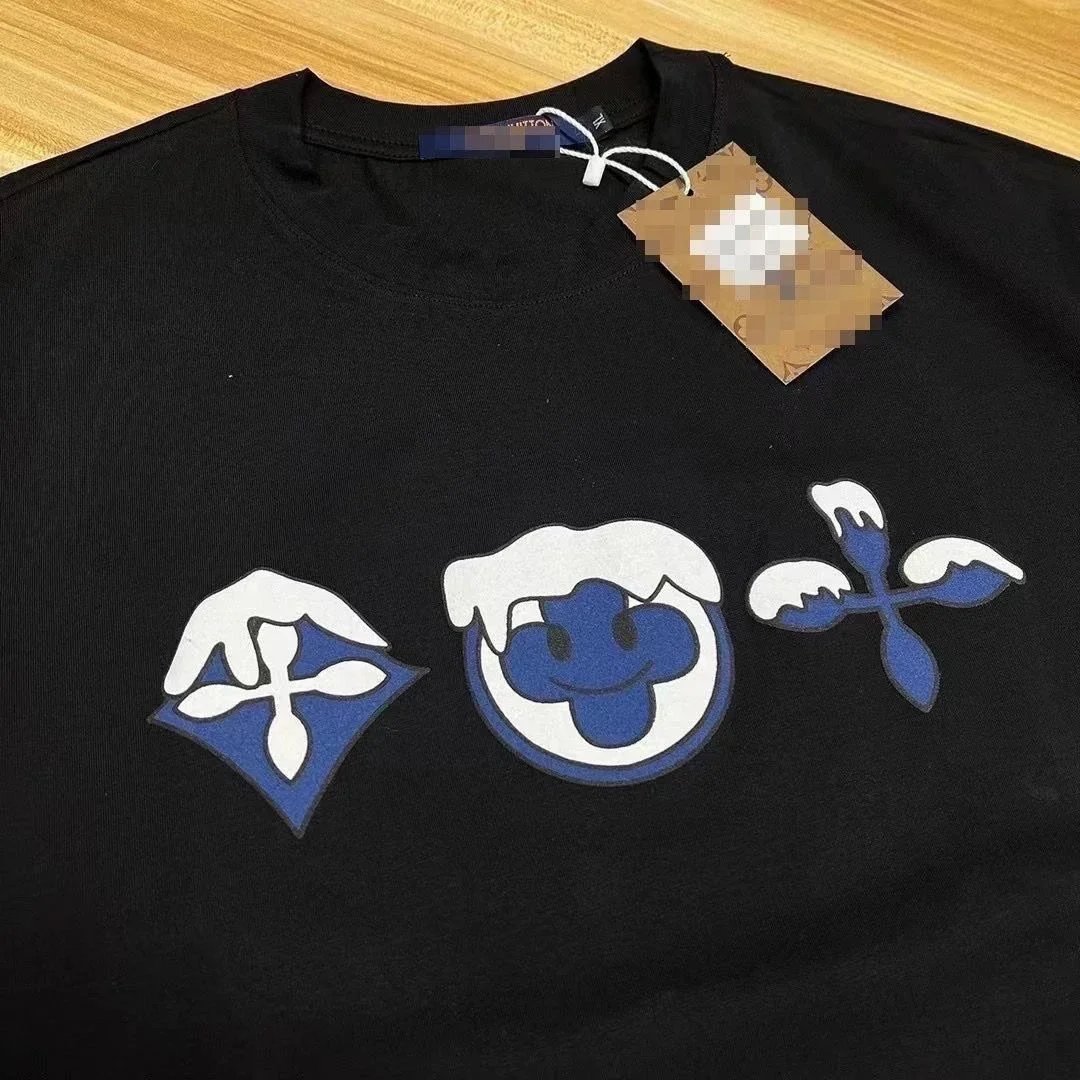 Black T-Shirt with Blue and White Graphic Design