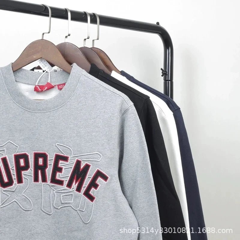 Supreme Embroidered Logo Crewneck Sweatshirt Gray Black White Navy