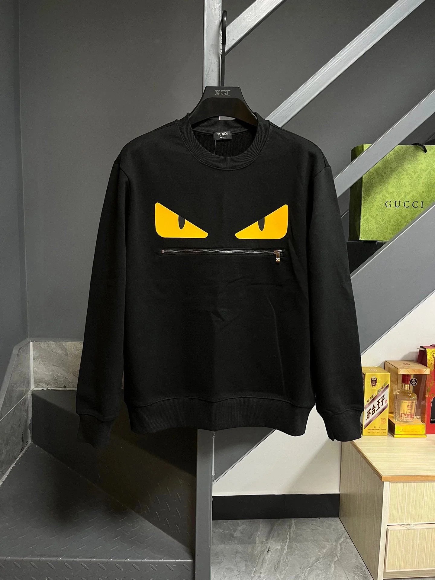 FENDI Black Sweatshirt with Iconic Yellow Monster Eyes Design