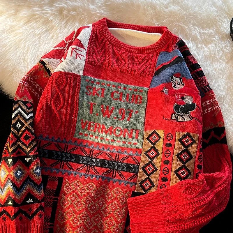 Red Ski Club Vermont Knit Sweater with Mickey Mouse Design