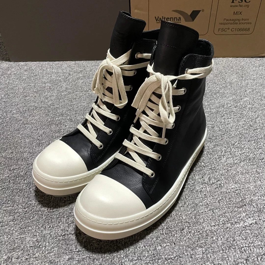 Black High Top Leather Sneakers with White Toe Cap